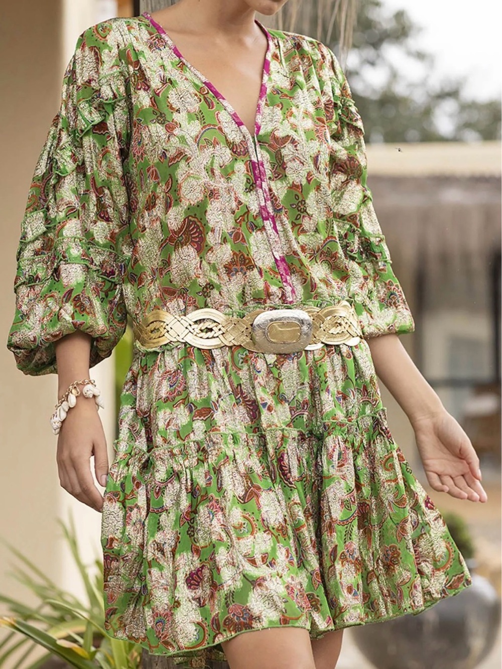 Miss June Paris Green Floral Yumi Short Dress One Size Boho Garden Fairy Retro